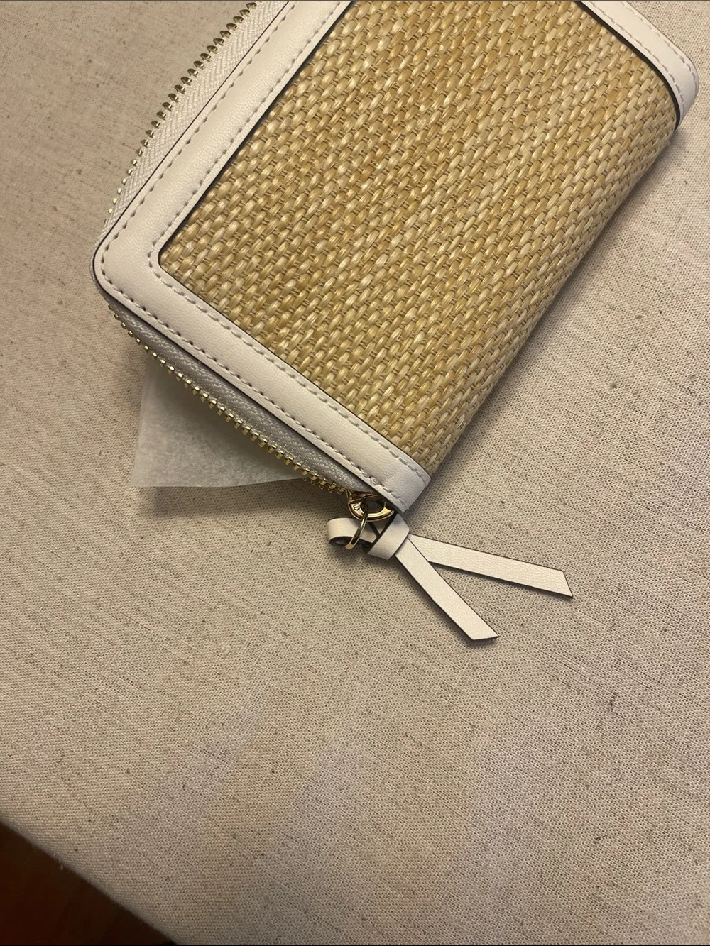 kate spade Straw and Cream Zip-Around Wallet with Gold Logo